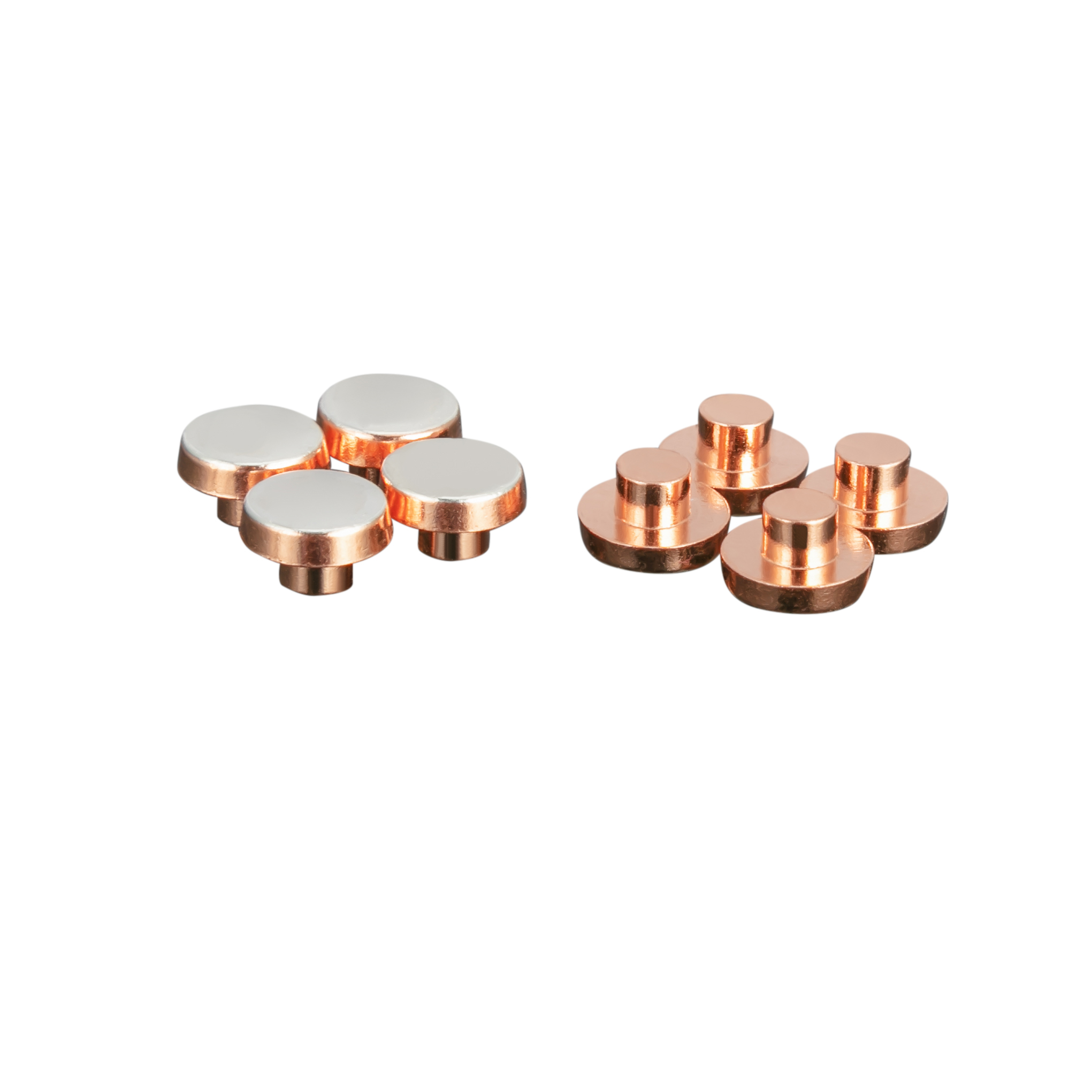 Electrical contact rivets shown from working-face and shank sides for geometry review